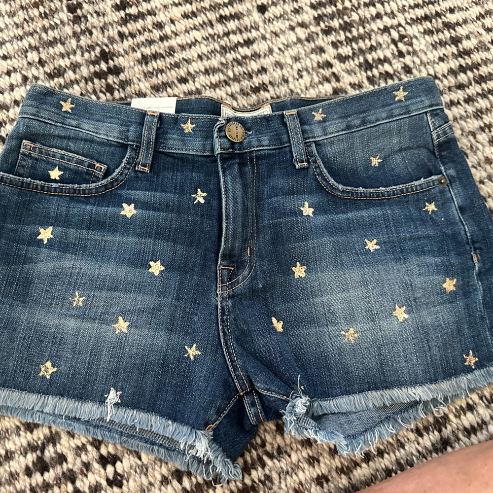 Current/Elliott Blue Denim Shorts with Gold Star Embroidery